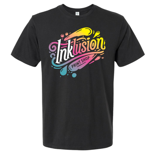 Black t-shirt with colorful Inklusion splatter graphic